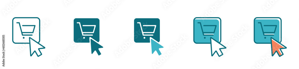 Poster simple click buy product icon with a pointer clicking on the online shopping cart sign in a variety style illustration vector design