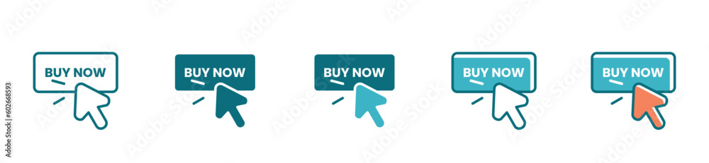 Poster Buy now icon set with hand or pointer clicking the button vector design 
