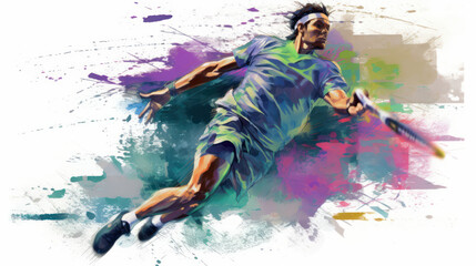 Vibrant Tennis Art: Male Player Jumping amidst Paint Splashes. Generative AI