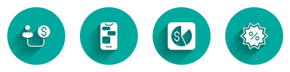 Set Human and money, Mobile 24 hours support, Market analysis and Discount percent tag icon with long shadow. Vector