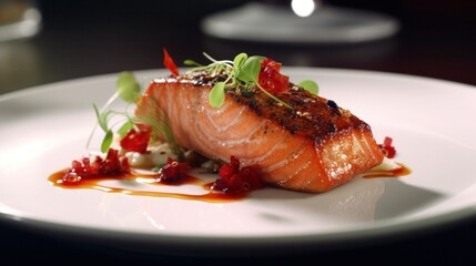 Close up of grilled salmon fillet placed on elegant white plate. Generative AI.