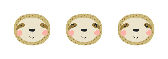 Cute funny sloth faces illustrations set. Hand drawn cartoon character. Scandinavian style flat design, isolated vector. Kids print element, poster, card, wildlife, nature, baby animals © Maria Skrigan
