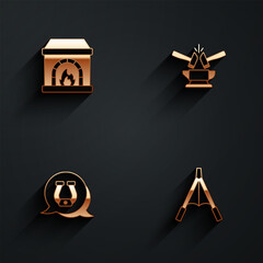 Set Blacksmith oven, Anvil and hammer, Horseshoe and Air blower bellows icon with long shadow. Vector