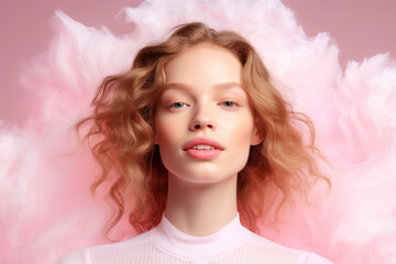 A creative portrait of a young woman with curly hair.  Delicate woman's face in a dreamy candy cloud. Head over clouds. Generative AI