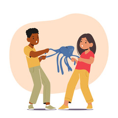 Boy And Girl Characters Tug Toy, Unable To Share. Frustration Evident, Both Holding Tight, Unwilling To Compromise