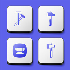 Set Metallic nails, Hammer, Blacksmith anvil tool and icon. White square button. Vector