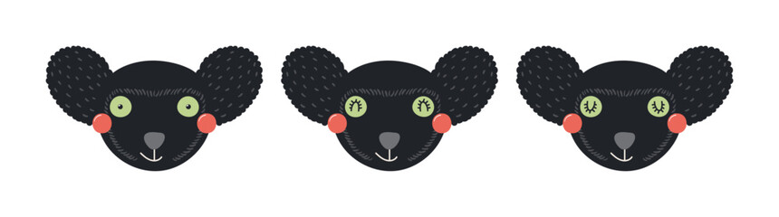 Cute funny indri faces illustrations set. Hand drawn cartoon character. Scandinavian style flat design, isolated vector. Kids print element, poster, card, wildlife, nature, baby animals