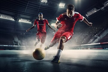 Football Futsal Ball and man. Team Player. Indoor Soccer Sports Hall. Advertising quality. Generative Ai.