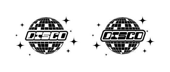 Disco party ball vector icons set. Disco ball shining stars symbol. Disco light graphic design template logo with custom stroke line