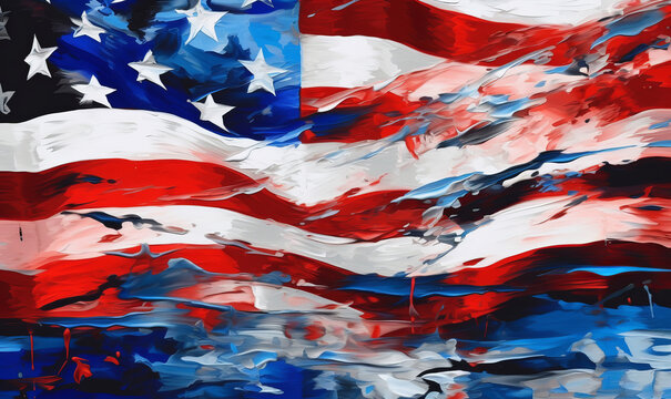 an american flag painted with blue and white paints, in the style of cartoonish pop art images, light red and black, created with ai