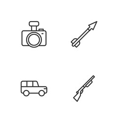 Set line Hunting gun, Safari car, Photo camera and Medieval arrow icon. Vector