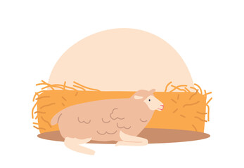 Sheep In Barn. Cozy, Warm Space With Hay And Wooden Walls. Sheep Rest, Eat, And Socialize Cartoon Vector Illustration