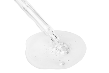 A flowing transparent gel from an eyedropper.  Large droplet with bubbles of gel. No background. PNG