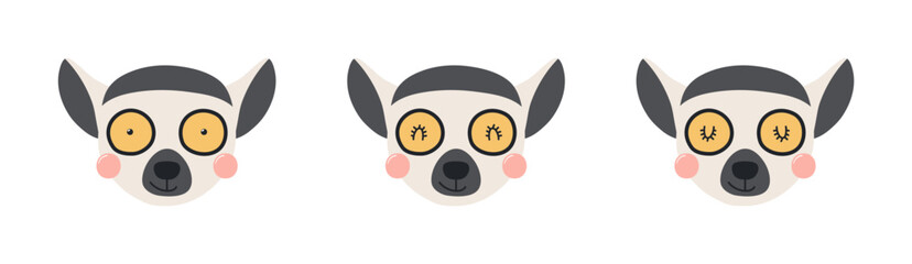 Cute funny lemur faces illustrations set. Hand drawn cartoon character. Scandinavian style flat design, isolated vector. Kids print element, poster, card, wildlife, nature, baby animals © Maria Skrigan