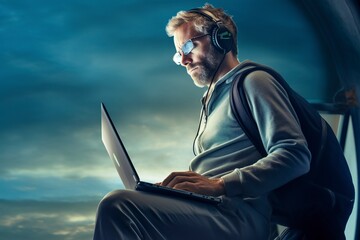  A seasoned researcher delves into the mysteries of the night, seeking innovative solutions with his trusted laptop. Ai generated.