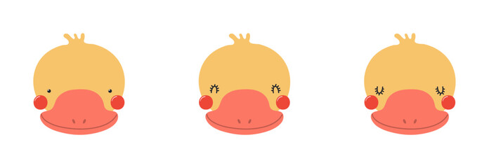 Cute funny duck faces illustrations set. Hand drawn cartoon character. Scandinavian style flat design, isolated vector. Kids print element, poster, card, wildlife, nature, baby animals