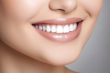 Obraz premium Detail of perfect teeth, white and clean, of a model posing. Ai generated.