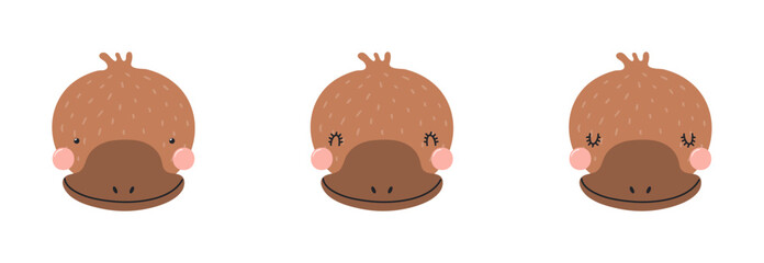 Cute funny platypus faces illustrations set. Hand drawn cartoon character. Scandinavian style flat design, isolated vector. Kids print element, poster, card, wildlife, nature, baby animals