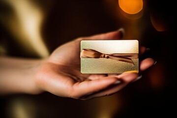 A female hand hands over a golden gift card. Ai generated.