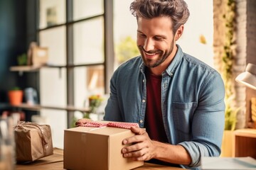 Fototapeta premium A man opens a package on his desk. Ai generated.
