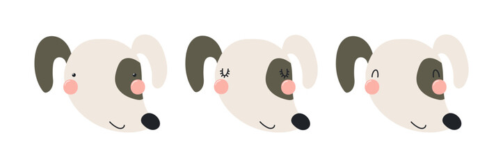 Cute funny dog faces illustrations set. Hand drawn cartoon character. Scandinavian style flat design, isolated vector. Kids print element, poster, card, wildlife, nature, baby animals