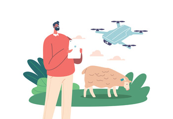 Farmer Male Character Employs Drone To Monitor Sheep And Livestock, Utilizing Aerial Technology To Observe Grazing