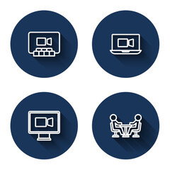 Set line Video chat conference, and Meeting with long shadow. Blue circle button. Vector