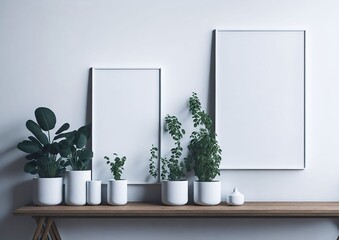 Minimalistic room interior with mock up photo frame on the brown wooden table with beautiful plant in design hipster white pot. Grey walls. Stylish and floral concept of mock up poster Generative AI