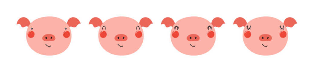 Cute funny pig faces illustrations set. Hand drawn cartoon character. Scandinavian style flat design, isolated vector. Kids print element, poster, card, wildlife, nature, baby animals