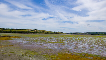 Vast tidal plains in the Ireland on a summer day. Irish landscape. A tidal marsh is a marsh which floods and drains by the tidal movement of the adjacent estuary, sea or ocean. tidal wetland