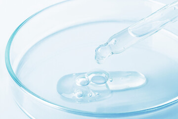 Transparent gel flowing from a pipette into a Petri dish. On a blue background. Close-up.