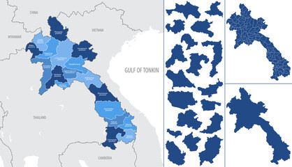 Detailed vector blue map of Laos with administrative divisions into Provinces and Districts of the country