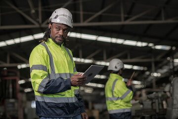 worker in warehouse.Male worker Industrial Engineers in Hard Hats  Using Tablet. They Make Showing Gestures. They Work in a Heavy Industry Manufacturing Factory.