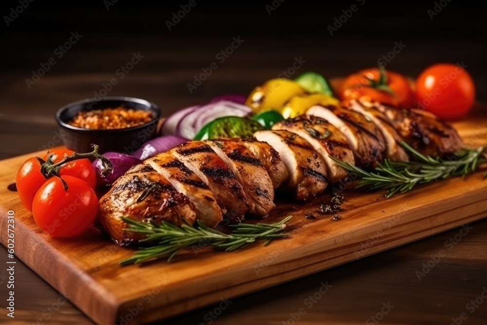 Wall mural chicken and beef skewers - grilled meat with fresh vegetables on wooden background. generated by ai