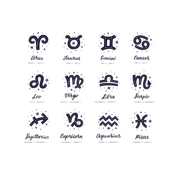 Signs oh Zodiac with hand lettering, dates and stars on white background. Flat vector illustration EPS 10.