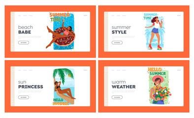 Summer Time Landing Page Template Featuring Cheerful Women Characters Enjoying Summer Activities, Relax in Pool