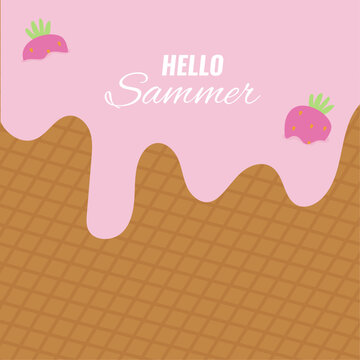 Texture of sweet strawberry ice cream in a waffle cup, background wallpaper. Vector image hello summer