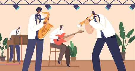 Musician Characters Improvise And Interact On Stage Playing Syncopated Soul Music on Saxophone, Piano, Guitar and Horn