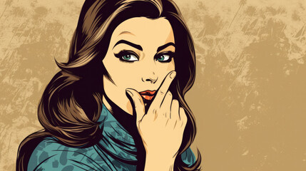 illustration of a pretty detective covering her mouth with her fingers. Generative AI