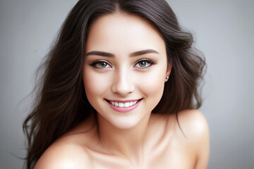 Naklejka premium Beautiful woman brunette beauty close-up portrait on gray background. Generative AI