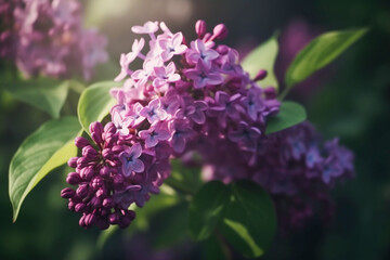 Flowering branch of violet lilac in a green garden. Beautiful spring blooming lilac flowers, botanical garden on a sunny day background. Generative AI