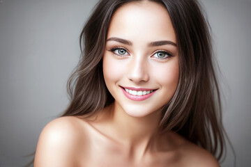 Obraz premium Beautiful woman brunette beauty close-up portrait on gray background. Generative AI