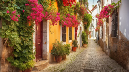 Fototapeta na wymiar beautiful colorful flowers street in Portugal. Generative AI