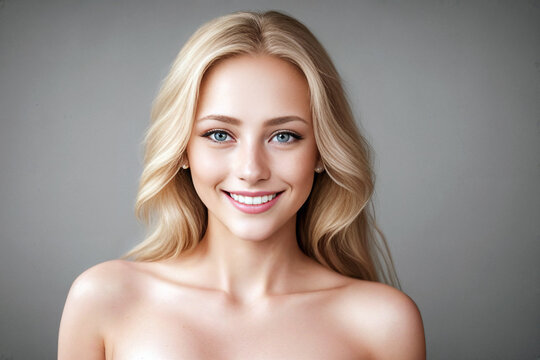 Beautiful woman blonde beauty close-up portrait on gray background. Generative AI