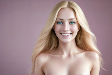 Fototapeta premium Beautiful woman blonde beauty close-up portrait on pink background. Generative AI