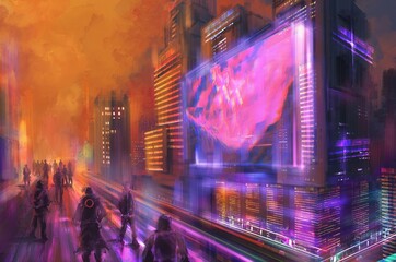 Science fiction  neon cyberpunk city sunset,futuristic dystopia ,digital art, Illustration painting. © Wachirawit