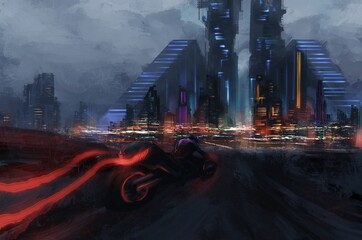 Science fiction biker driving to  neon cyberpunk city ,futuristic dystopia ,digital art, Illustration painting.