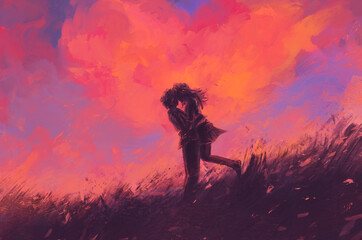 silhouette couple kissing each other among heart shape cloud beautiful sunset in the sky, valentine's day ,illustration ,digital painting.