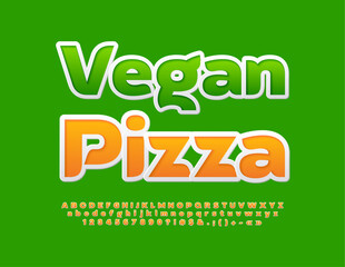 Vector modern Poster Vegan Pizza. Bright sticker Font. Creative Alphabet Letters, Numbers and Symbols