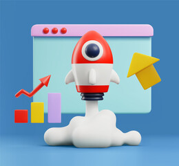 Flying rocket at backdrop of business graphs, 3D realistic vector illustration.